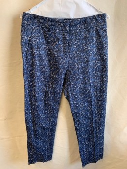 Womens, Casual Pants, PIAZZA SEMPIONE, Blue, Black, White, Cotton, Elastane, Abstract , Floral, M, F.F, Zip Front, Hook Closure, Taperred Leg, 4 Pockets, Mid Rise