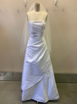 Womens, Wedding Gown, DAVIDS BRIDAL, White, Polyester, Solid, 4, Strapless, Side Pleats, Layered Bottom, Back Zipper, With Tulle Veil