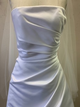 Womens, Wedding Gown, DAVIDS BRIDAL, White, Polyester, Solid, 4, Strapless, Side Pleats, Layered Bottom, Back Zipper, With Tulle Veil
