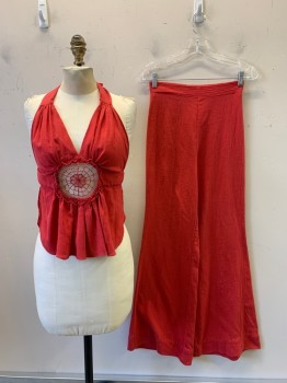 Womens, 1970s Vintage, Piece 1, Climax, Red, Polyester, Cotton, Solid, B32, Halter Top, V Neck, Pleated, Open Web Detail with Flower, Neck and Back Tie,