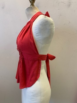 Womens, 1970s Vintage, Piece 1, Climax, Red, Polyester, Cotton, Solid, B32, Halter Top, V Neck, Pleated, Open Web Detail with Flower, Neck and Back Tie,