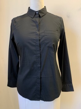 H & M, Black, Cotton, Solid, L/S, Button Front, Collar Attached, Chest Pocket