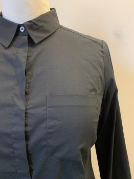 H & M, Black, Cotton, Solid, L/S, Button Front, Collar Attached, Chest Pocket