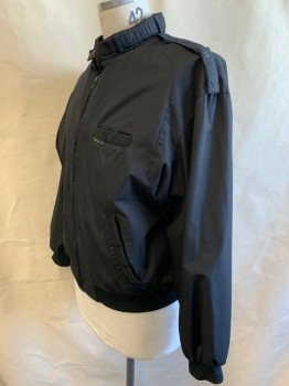 Mens, Windbreaker, MEMBERS ONLY, Black, Poly/Cotton, Nylon, Solid, L, Zip Front, Stand Collar with Strap,  Rib Knit Cuffs/Waist/Trim, Epaulets