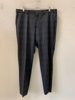 Mens, Suit, Pants, BOSS, Black, Charcoal Gray, Blue, Wool, Plaid, 36/31, Flat Front, Side Pockets, Zip Front, Belt Loops