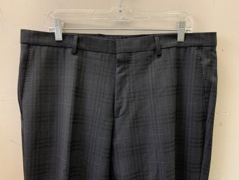 Mens, Suit, Pants, BOSS, Black, Charcoal Gray, Blue, Wool, Plaid, 36/31, Flat Front, Side Pockets, Zip Front, Belt Loops