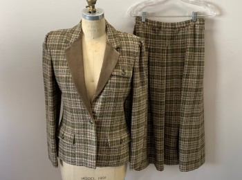 BILL BLASS, Brown, Beige, Rust Orange, Taupe, Wool, Houndstooth, Velvet Notched Lapel, 1 Button Single Breasted, 3 Pckts
