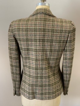BILL BLASS, Brown, Beige, Rust Orange, Taupe, Wool, Houndstooth, Velvet Notched Lapel, 1 Button Single Breasted, 3 Pckts