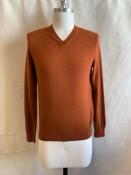 Mens, Pullover Sweater, BANANA REPUBLIC, Burnt Orange, Wool, S, V-neck, Pullover, Long Sleeves, Rib Knit Neck, Cuffs, & Waist