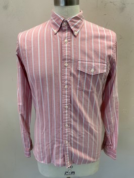 Mens, Casual Shirt, BROOKS BROTHERS, Dusty Red, White, Baby Blue, Cotton, Stripes, M, L/S, Button Front, Button Down Collar, Chest Pocket, Back Pleat with Locker Loop