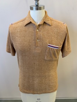 Mens, Polo Shirt, PEBBLE BEACH, Camel Brown, White, Multi-color, Poly/Cotton, 2 Color Weave, M, S/S, 3 Bttns, Chest Pocket, Faux Epaulets