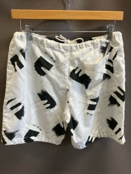 Mens, Shorts, MR. BROADWAY, W:30, S, White Cotton with Black & White Abstract Geometric Design, Drawstring, 1p