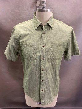 OUTDOOR LIFE, Green, White, Cotton, 2 Color Weave, Heathered, S/S, Button Front, Chest Pockets, Plastic Wood Buttons