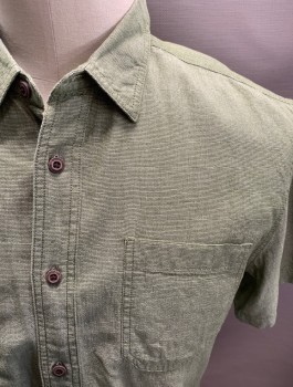 OUTDOOR LIFE, Green, White, Cotton, 2 Color Weave, Heathered, S/S, Button Front, Chest Pockets, Plastic Wood Buttons