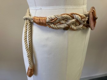 Womens, Belt, NL, Beige, Cream, Copper Metallic, Cotton, Leather, 30-32, Rope, Leather & Copper Cording Braided, with Copper Painted Wooden Center Piece