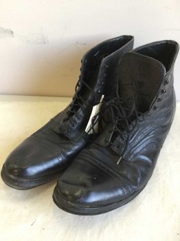 Mens, Boots 1890s-1910s, Stacy Adams, Black, Leather, 14EE, Cap Toe, Lacing/Ties
