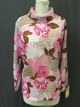 Womens, Blouse, NO LABEL, Pink, Off White, Brown, Polyester, Floral, Novelty Pattern, 36, Long Sleeves, Mock Fold Over Neck, Back Zipper