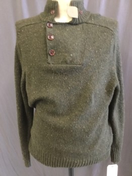 Mens, Pullover Sweater, ORVIS, Moss Green, Multi-color, Wool, Cashmere, Tweed, L, 3 Button Placket, Moc Turtleneck, Mossy Tweed
