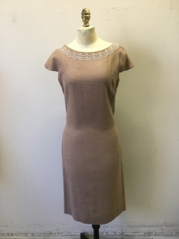 N/L, Lt Brown, White, Rayon, Synthetic, Solid, Jewel Neck with Cap Sleeves, Fitted Shift. Small White Beads Around Neckline in Scalloped Design. Zipper Center Back, Self Tie Attached at Hip Line