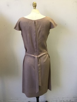 N/L, Lt Brown, White, Rayon, Synthetic, Solid, Jewel Neck with Cap Sleeves, Fitted Shift. Small White Beads Around Neckline in Scalloped Design. Zipper Center Back, Self Tie Attached at Hip Line
