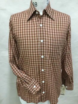 OHRBACH'S , Orange, Brown, Off White, Dk Brown, Cotton, Plaid, Collar Attached, Button Front, 1 Pocket, Long Sleeves,