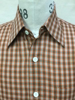 Mens, Dress Shirt, OHRBACH'S , Orange, Brown, Off White, Dk Brown, Cotton, Plaid, 32, 15.5, Collar Attached, Button Front, 1 Pocket, Long Sleeves,