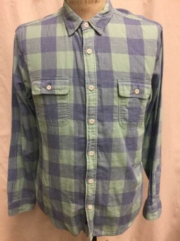 FAHERTY, Periwinkle Blue, Mint Green, Cotton, Gingham, Check , Oversized Gingham Check, Long Sleeve Button Front, Collar Attached, 2 Flap Pockets with Button Closures
