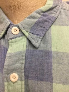FAHERTY, Periwinkle Blue, Mint Green, Cotton, Gingham, Check , Oversized Gingham Check, Long Sleeve Button Front, Collar Attached, 2 Flap Pockets with Button Closures