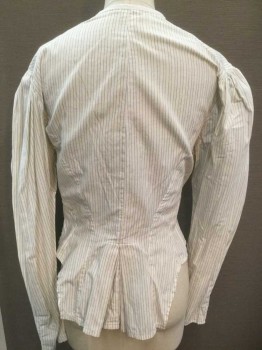 N/L, Off White, Lt Yellow, Blue, Cotton, Stripes - Vertical , Stripes - Pin, Off White and Light Yellow Stripes, with Blue Pinstripes In Between, Long Sleeve Button Front, Round Neck with 3/8" White Edging, Pleated At Center Front Button Placket, Puff Sleeves with Gathered Shoulders, Pleated Vent At Center Back Hem, Made To Order,