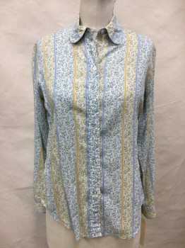 STUFFED SHIRT, White, Lt Blue, Green, Goldenrod Yellow, Cotton, Floral, Stripes - Vertical , Collar Attached,  Button Front,   Long Sleeves,