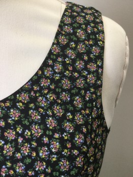 DANNY & NICOLE, Black, Multi-color, Pink, Green, Yellow, Polyester, Floral, Chiffon Over Solid Opaque Black Underlayer, Sleeveless, Scoop Neck, Shift Dress, Ankle Length, **No Longer Has 2nd Piece, is Only **ONE** Piece