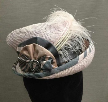 Womens, Hat, MTO, Lt Pink, Gray, Straw, Silk, Light Pink Straw, Small Turned Up Brim, Pink/Gray Stripe Silk Band with Silk Florette in Stripe and Solid Fabric with Silver Buckle, Plaid Brim Trim, Light Pink/Light Gray Feathers