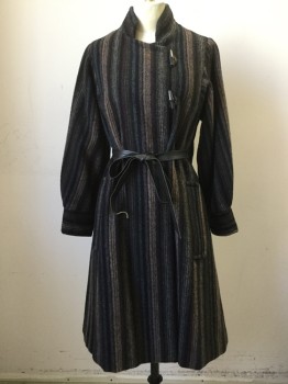 Womens, Coat, LUBA, Black, Blue, Lt Green, Red, Dk Brown, Wool, Stripes - Vertical , M, Double Breasted, Toggle and Eye Front, C.A., L/S, 2 Pckts, Black Pleather Belt Woven Through at Sides, Back Yoke Vent