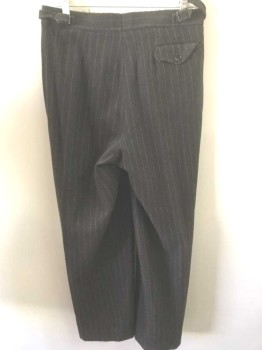 N/L, Espresso Brown, Gray, Wool, Stripes - Chalk , Herringbone, Espresso/Black Herringbone with Light Gray Chalk Stripes, Pleated, Button Fly, Button Tab Waist, Adjustable Tabs at Sides with Buckles, 3 Pockets, Made To Order
