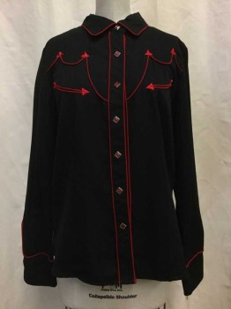 Womens, Shirt, SCULLY, Black, Red, Rayon, Polyester, Solid, XS, Black with Red Piping Trim, Snap Front, Collar Attached, 2 Flap Pockets