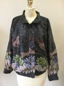 CACHE, Black, Tan Brown, Green, Steel Blue, Lt Brown, Polyester, Novelty Pattern, Reversible Windbreaker, Black Shadow Check on One Side, Black with Stars/Cheetahs/Leaves on Other Side, Zip Front, Elastic Band, Band Collar, Barcode in Pocket of Ornate Side
