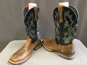 Mens, Cowboy Boots , ARIAT, Brown, Black, Aqua Blue, White, Leather, Geometric, 11.5D, Square Toe with Pronounced Outsole and Welt, Traditional Quarter Stitching, Piped Tops, 1.5" Stack Heel