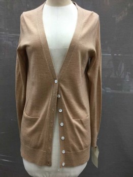 Womens, Sweater, BANANA REPUBLIC, Camel Brown, Wool, Solid, S, Fine Wool, Deep V-neck, Long Sleeves, 2 Pockets, 7 Buttons,
