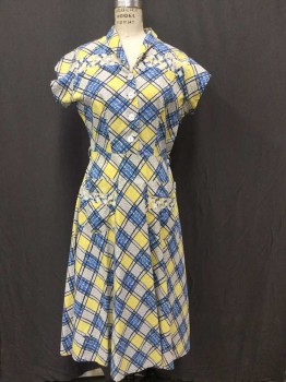 BRENTWOOD COTTON, White, Yellow, Blue, Gray, Black, Cotton, Plaid-  Windowpane, Abstract , Cap Sleeves, Shawl Collar, 4 Buttons, 2 Hip Pockets, A Line Skirt, Hem Below Knee, Crosshatch Self Fabric Trim Over White Pique At Chest + Pockets,