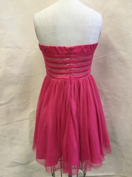 MINUET, Hot Pink, Polyester, Stripes, Solid, Strapless, Back Zipper, Gathered Tulle Mini Skirt, Mesh and Satin Ribbon Bodice