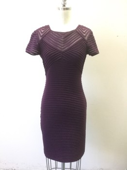 Womens, Dress, Short Sleeve, CALVIN KLEIN, Aubergine Purple, Polyester, Spandex, Stripes, B32, 2, W24, Self Ribbed/Pin Tuck Stripes in Various Directions, Short Sleeves, Square Neck, Form Fitting Body-con Dress, Sheer Sleeves and Bust, Knee Length