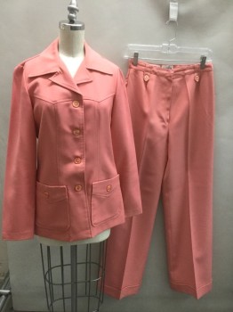Womens, 1970s Vintage, Suit, Jacket, COLLEGE TOWN, Salmon Pink, Polyester, Solid, W:26, B:34, Long Sleeves, 4 Buttons, Collar Attached, 2 Patch Pockets with Button Closures, Pointed Western Style Yoke at Chest, No Lining,