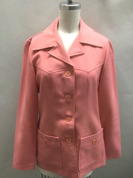 Womens, 1970s Vintage, Suit, Jacket, COLLEGE TOWN, Salmon Pink, Polyester, Solid, W:26, B:34, Long Sleeves, 4 Buttons, Collar Attached, 2 Patch Pockets with Button Closures, Pointed Western Style Yoke at Chest, No Lining,