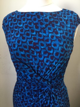 Womens, Dress, Sleeveless, LAUREN R.L., Turquoise Blue, Aubergine Purple, Dk Purple, Polyester, Elastane, Abstract , Animal Print, 10, Peacock Eye Feather Print, Bateau/Boat Neck, Faux Knot at Waist, Knit, Pullover,