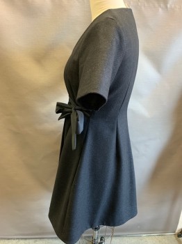 Womens, Dress, Short Sleeve, COS, Charcoal Gray, Wool, Solid, 10, Short Sleeves, Wrap, Pleated, 2 Welt Pocket, Charcoal with a Diagonal Stripe of Black
