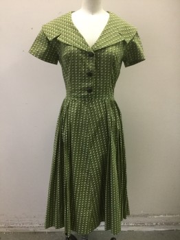 N/L, Avocado Green, Black, Off White, Cotton, Geometric, Avocado Green with Black and Off White Tiny Squares Pattern, Short Sleeves, Shirtwaist, Large Rounded Collar with Angled Notches at Front, 3 Black Rounded Square Buttons, Skirt is Gathered at Waist, Knee Length, Side Zip,