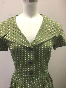 N/L, Avocado Green, Black, Off White, Cotton, Geometric, Avocado Green with Black and Off White Tiny Squares Pattern, Short Sleeves, Shirtwaist, Large Rounded Collar with Angled Notches at Front, 3 Black Rounded Square Buttons, Skirt is Gathered at Waist, Knee Length, Side Zip,