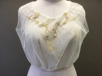 N/L, Cream, Lt Green, Pink, Floral, Solid, See-Thru Cream Net, with Light Green and Pink Floral/Vines Appliques at Front, Sleeveless, Snap Closures in Back, **Has Stains/Holes at Front Middle