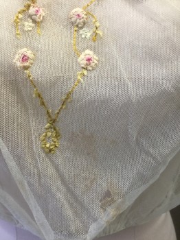 N/L, Cream, Lt Green, Pink, Floral, Solid, See-Thru Cream Net, with Light Green and Pink Floral/Vines Appliques at Front, Sleeveless, Snap Closures in Back, **Has Stains/Holes at Front Middle