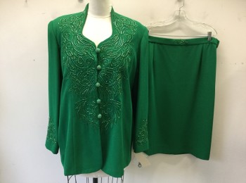 Womens, 1990s Vintage, Piece 1, BEN MARC INT., Green, Polyester, Beaded, Solid, B46, Jacket, 5 Facy Beaded Button Front, Fancy Embroidery & Beaded Detail